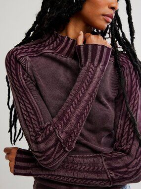 Free People Cable-Detail Ribbed Long Sleeve Top in Plum